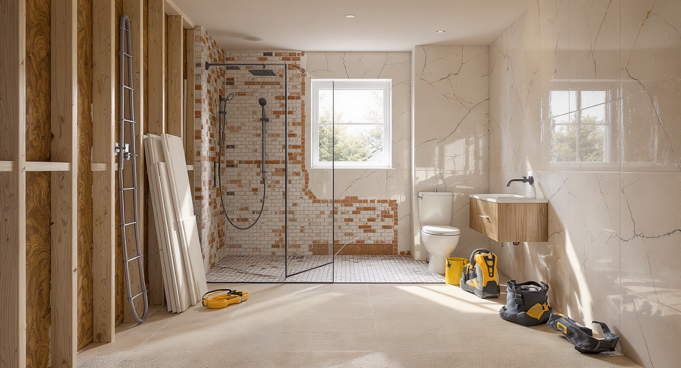 Partially finished luxury bathroom under renovation, displaying exposed plumbing, underfloor heating elements, high-end materials, and new tilework.