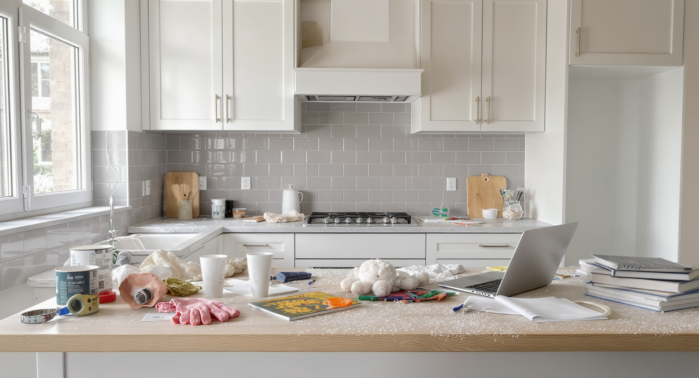 A realistic kitchen mid-renovation with unfinished cabinets, renovation tools, children's toys, and a laptop with books on the counter, all in natural light.