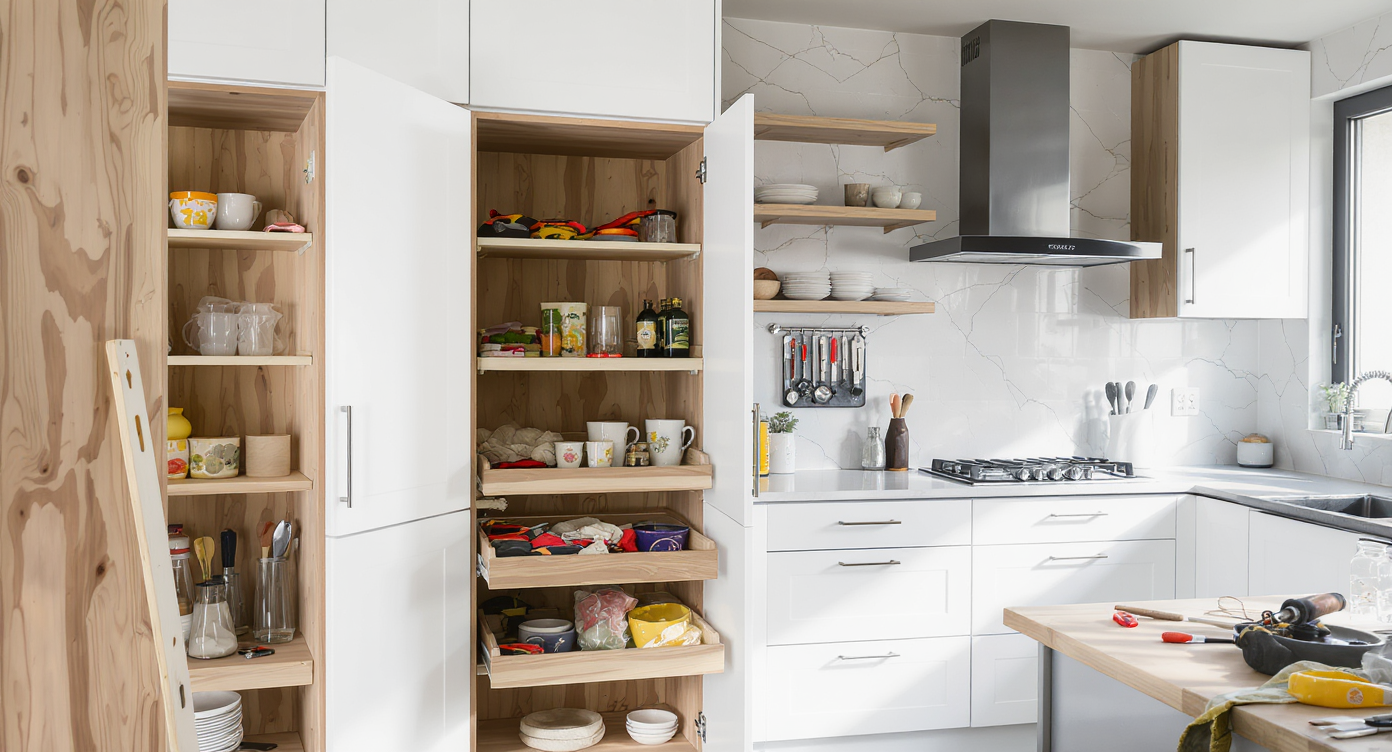Modern kitchen mid-renovation with locked toolbox, anchored cabinets, childproofed lower wine rack, and safety latches on cabinet doors.