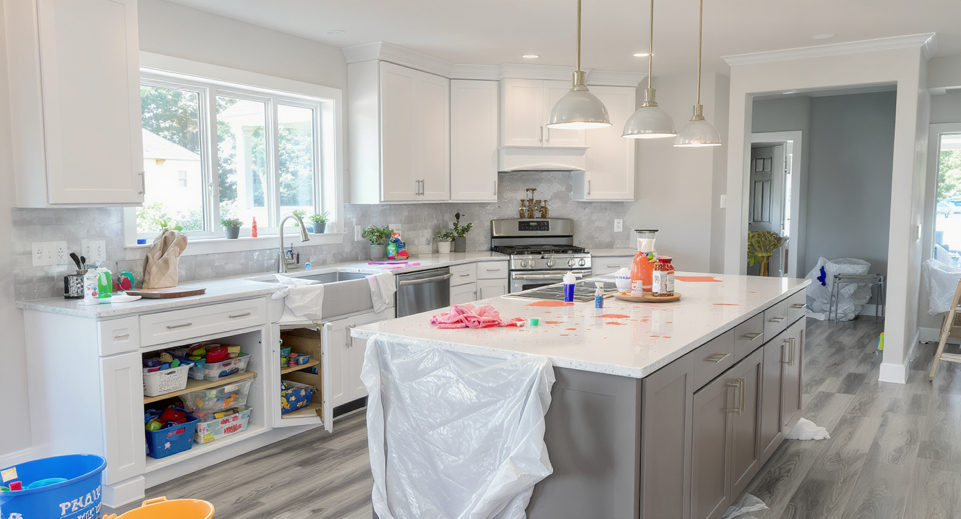A remodeled kitchen with open lower cabinets holding toys and games, easy-to-clean quartz countertops showing playful messes, and safety zones for kids.