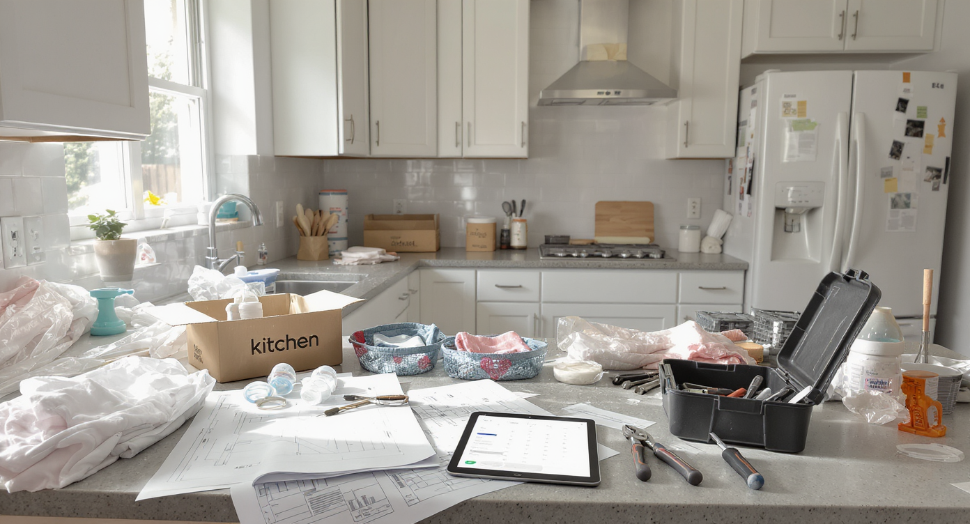 A real-life kitchen remodel scene showing blueprints, project schedules, tools, and baby items together on counters amid renovation supplies.