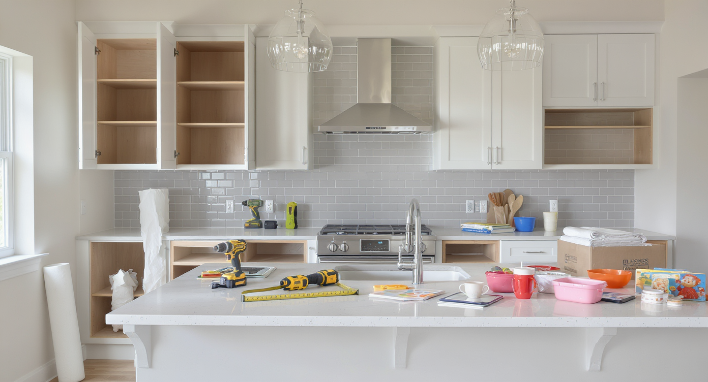 A family kitchen mid-remodel with open cabinets, tools, children's items, and renovation materials lit by natural sunlight—no people present.