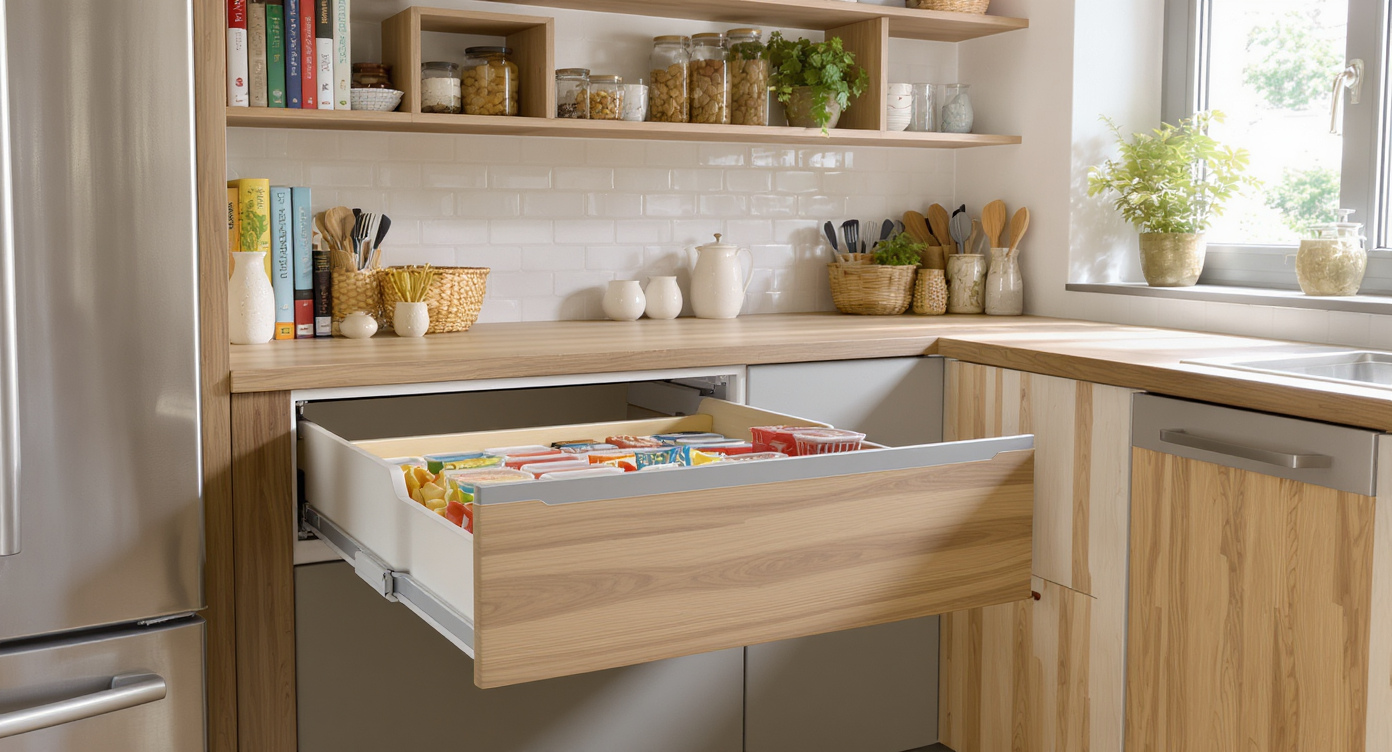 A modern kitchen with modular shelves and adaptable storage: pull-out tray for kids’ snacks, cookbook shelves, and repurposed wine rack.
