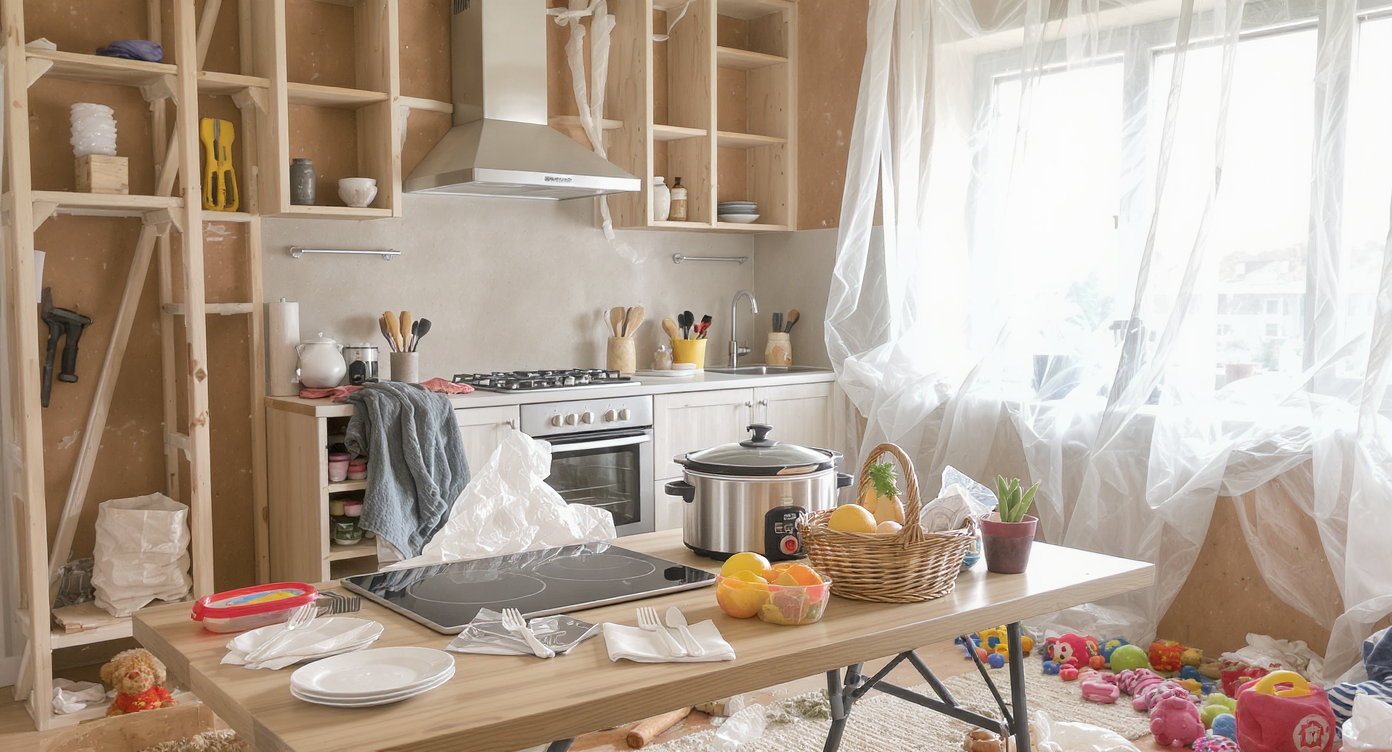 A realistic, lived-in kitchen under renovation with makeshift dining setup: folding table, portable cooktop, kids' toys, and picnic blanket on the floor.