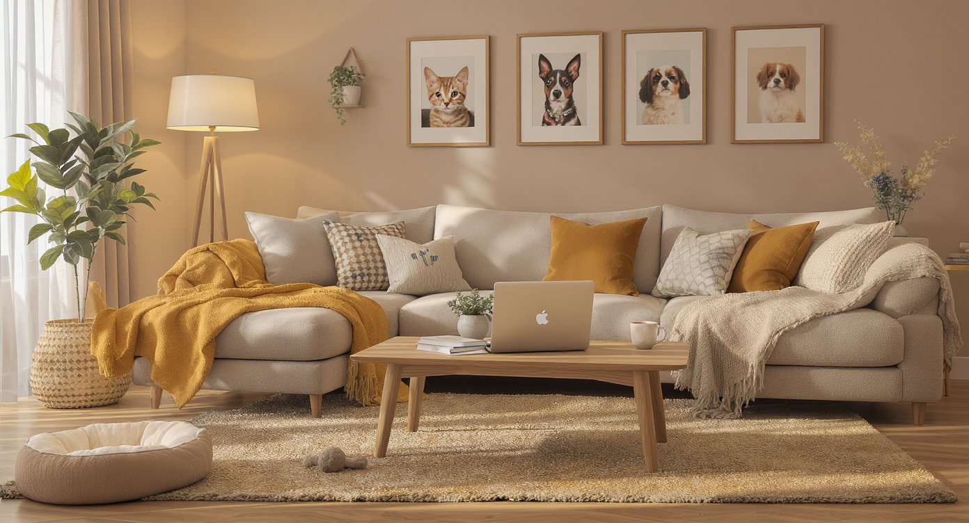 A cozy, personalized living room with a sofa, stylish decor, dog bed, plants, and home office setup, staged to highlight pet-friendly comfort.