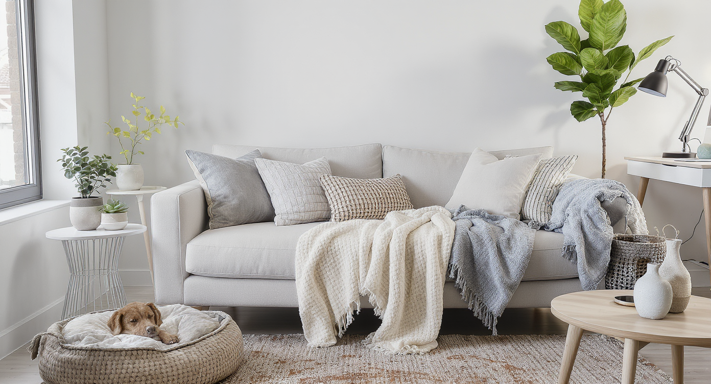 A cozy, evolving living room with layered throws, seasonal pillows, two houseplants, a pet bed, and a neatly upgraded WFH desk area.