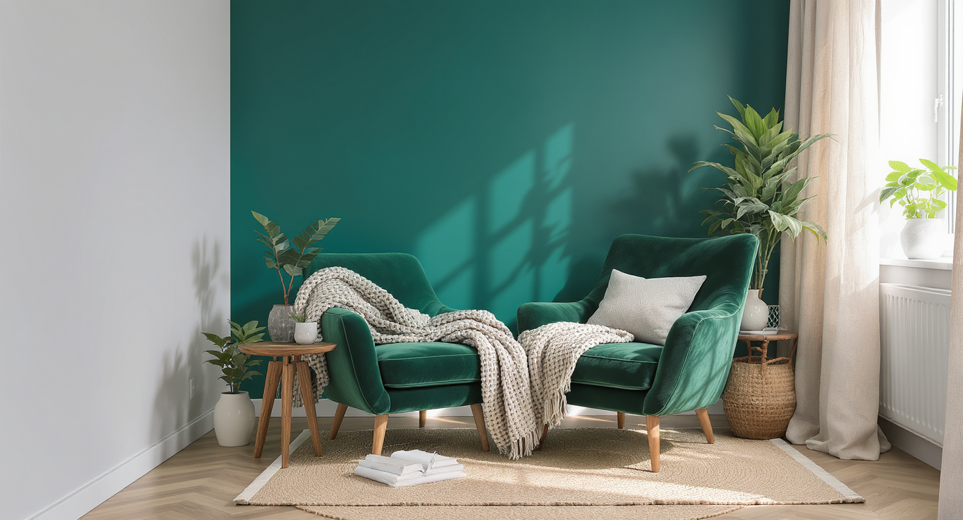 A cozy reading nook features a matte teal accent wall, velvet armchair, wood table, woven rug, chunky knit throw, houseplants, and linen curtains.
