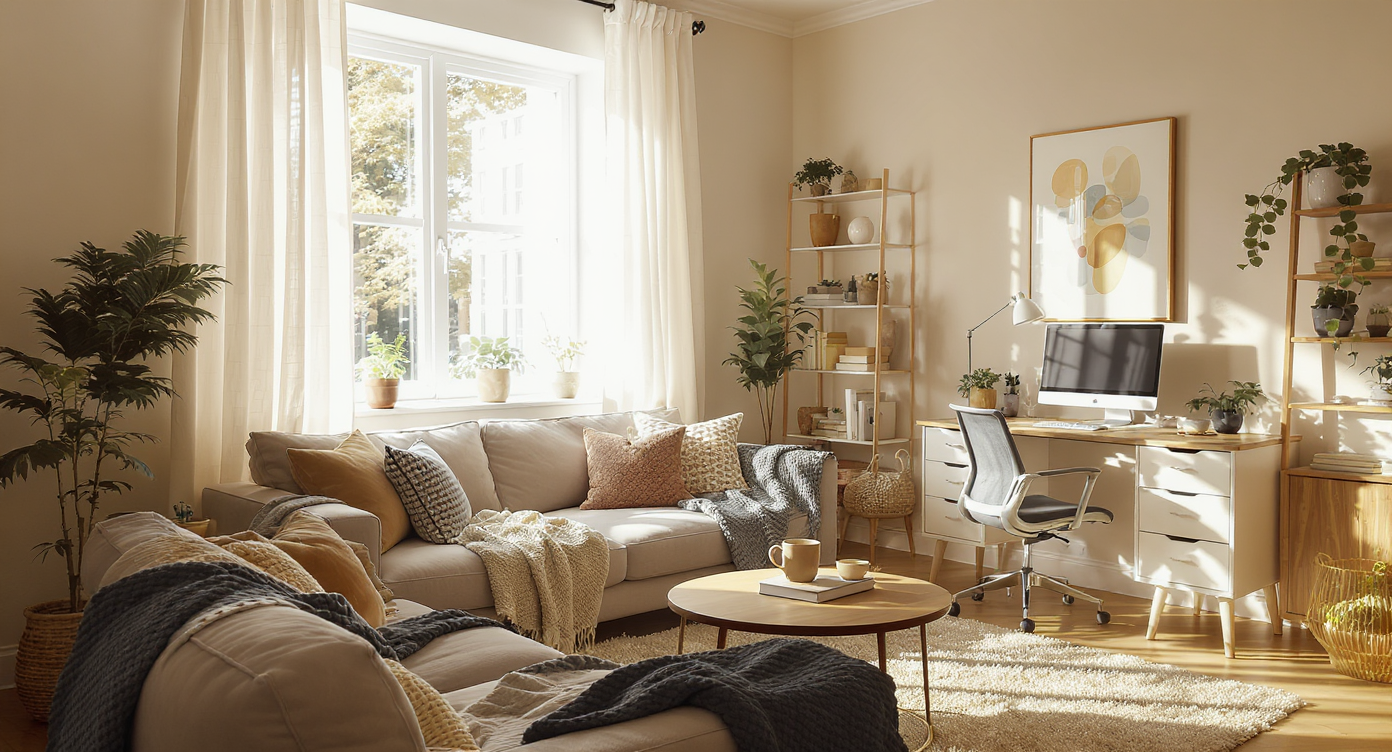 Inviting living area in a first home features a cozy sofa, functional workspace, and pet-friendly touches with natural sunlight streaming in.