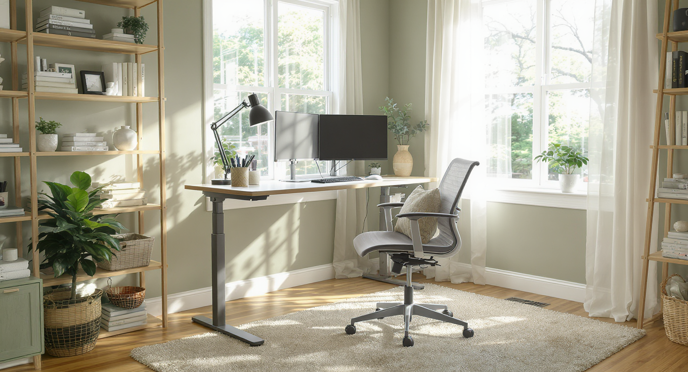 Sunlit home office with adjustable desk, ergonomic chair, soothing sage green walls, organized shelves, and abundant daylight.