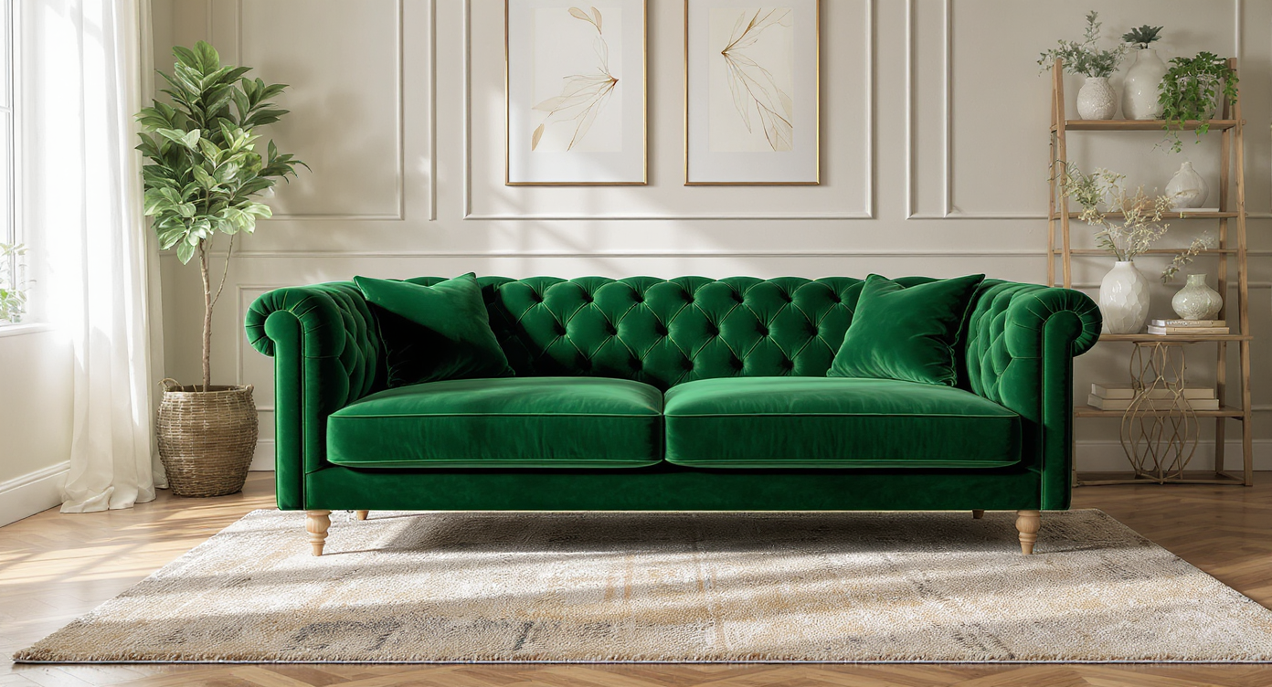 A sunlit living room with an emerald green sofa, layered complementary-toned rugs, green accents, plants, art, and cozy textures for a unified design.