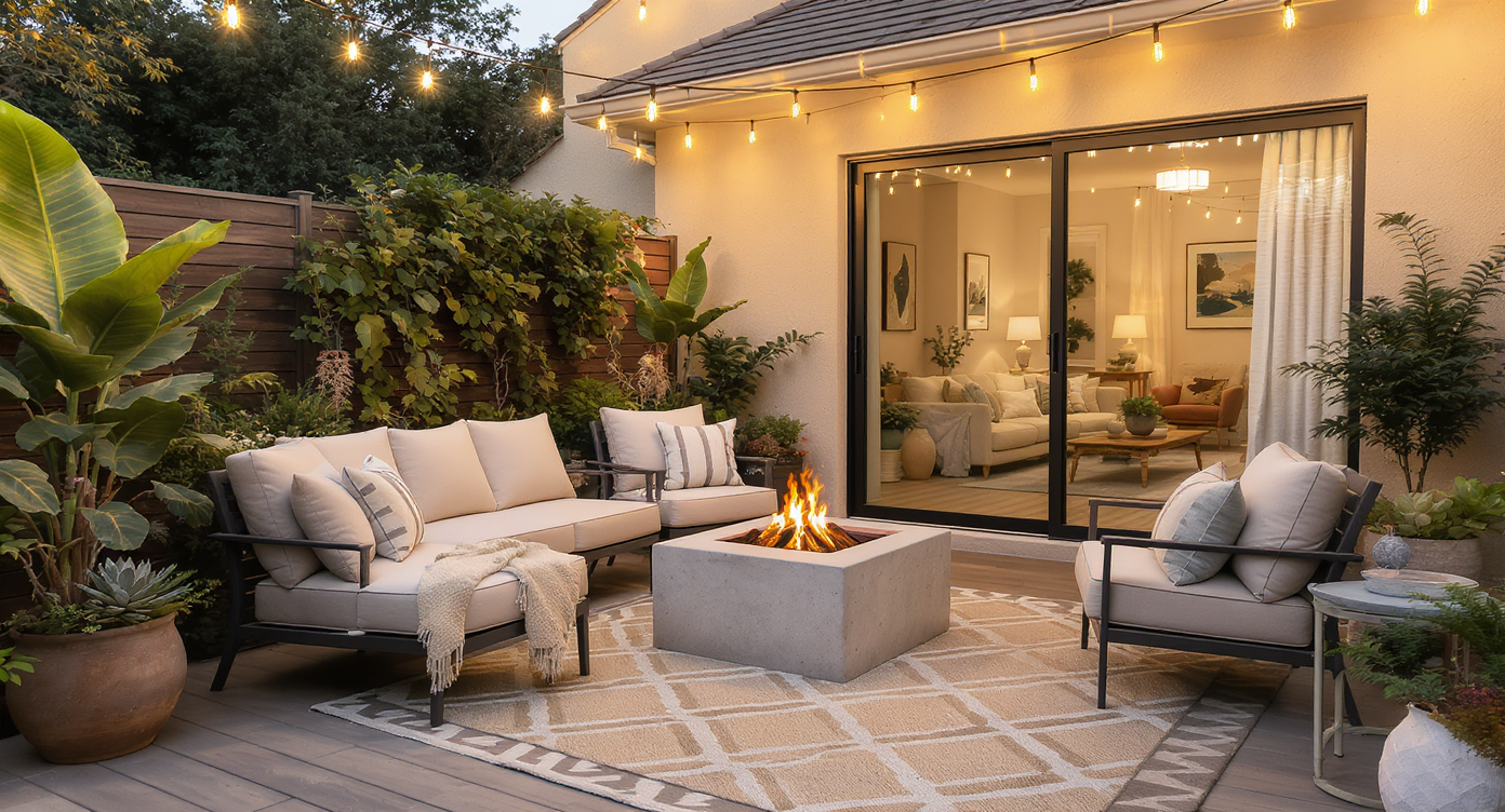 A small, well-planned patio with string lights, cozy seating, layered rugs, grouped potted plants, and a firepit table for intimate outdoor living.