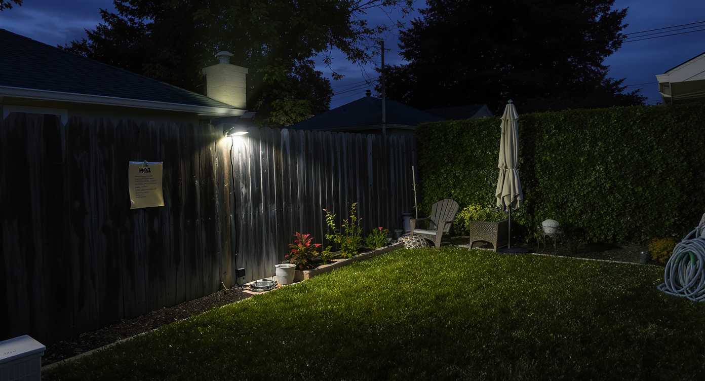 A photorealistic suburban backyard divided by a fence, with a glaring floodlight, an HOA notice, and contrasting property upkeep.