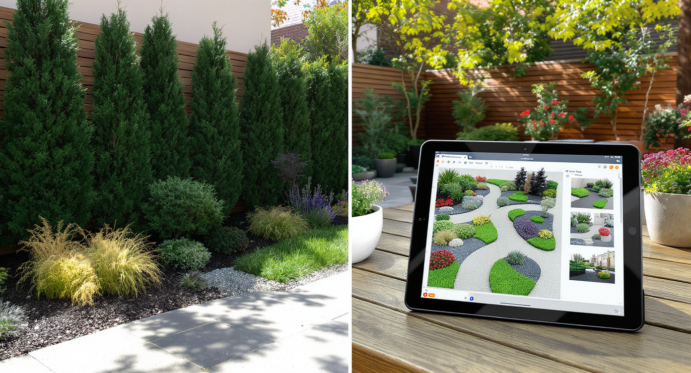 A private backyard split between completed privacy landscaping and an outdoor area with a digital tablet showing a yard redesign in progress.