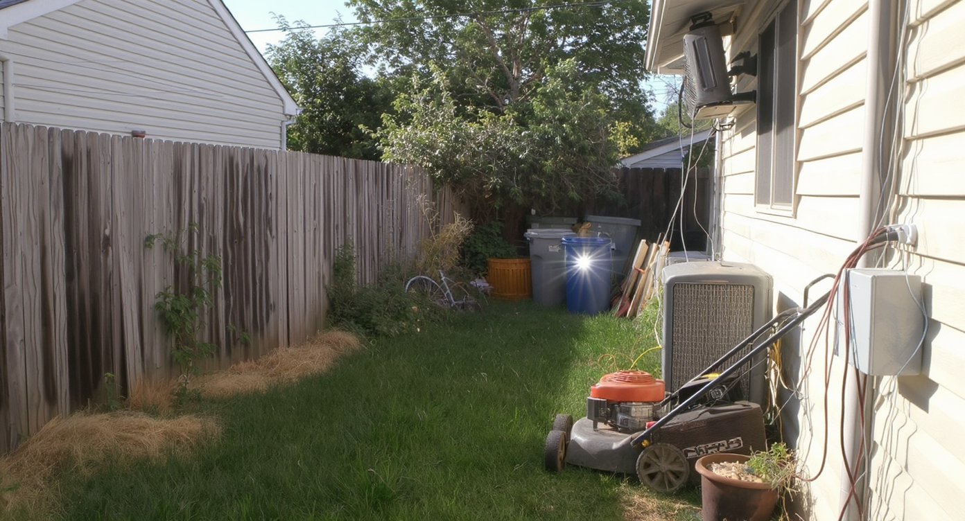 A suburban side yard shows retaliatory objects: speaker, upright lawnmower, angled mirror, bright floodlight, and cluttered bins by a fence.