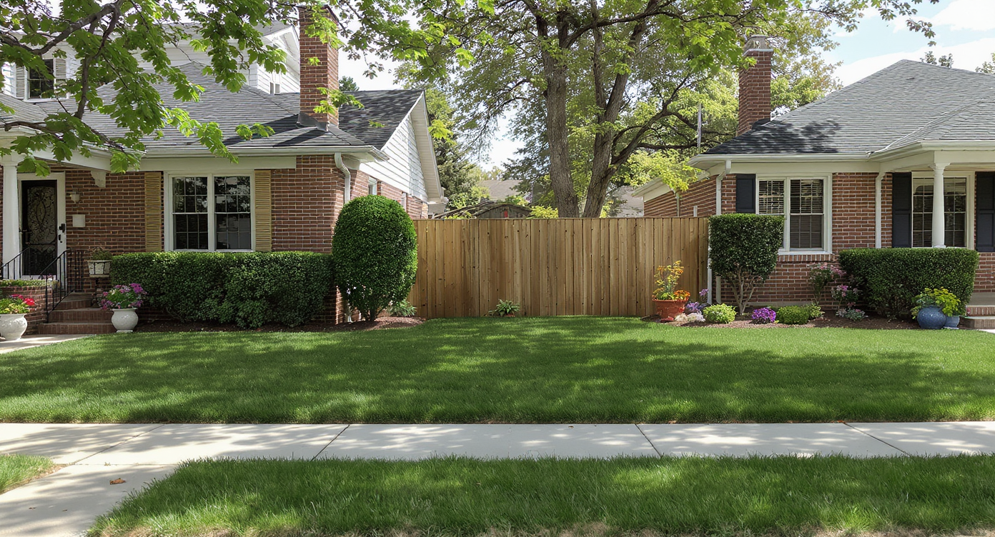 A suburban street shows a neat, well-maintained yard next to a cluttered property with scattered tools, debris, and a visible drum set in the garage.