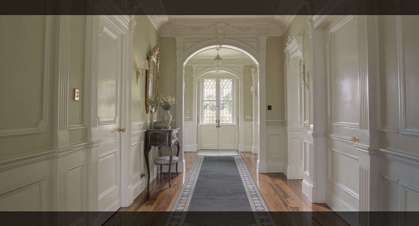 Renovated Victorian hallway in Cambridge with restored wood floors, period mouldings, modern lighting, and a subtle blend of classic and contemporary design.