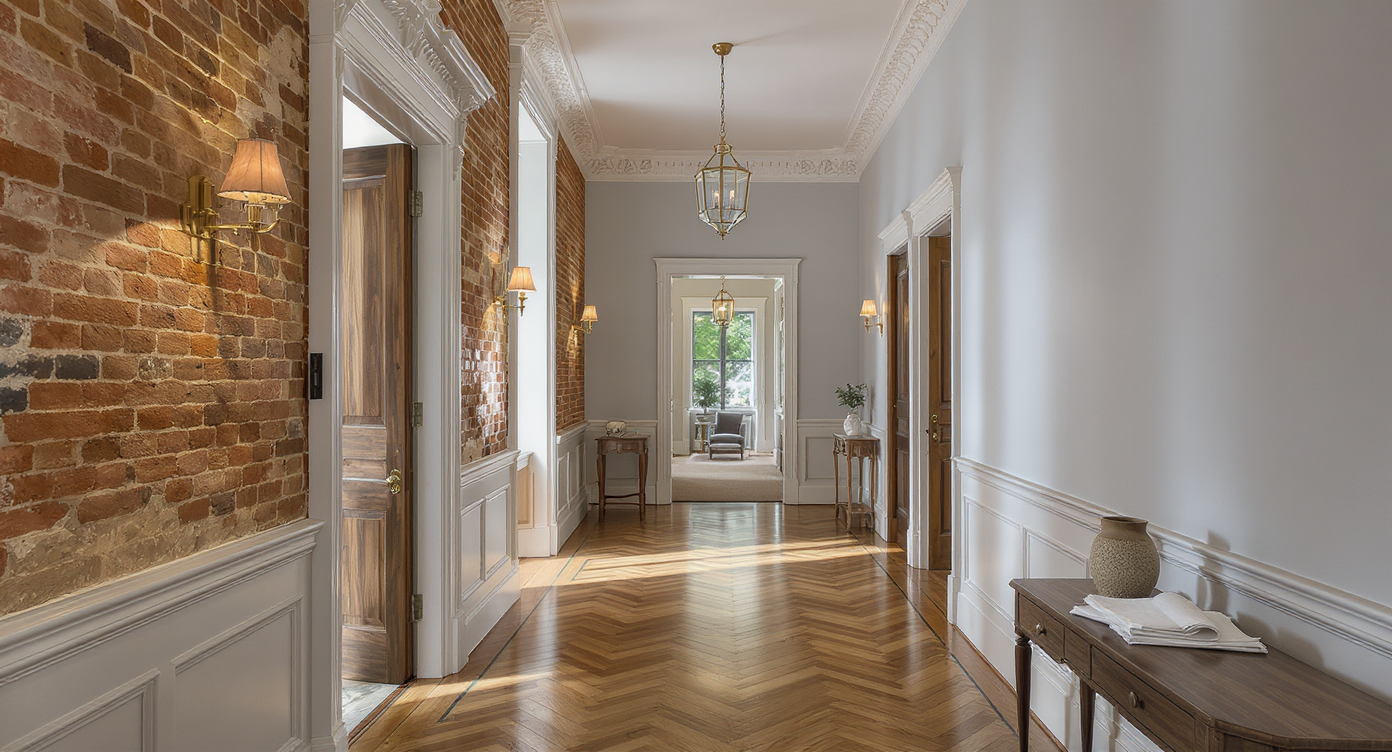 A photorealistic Victorian hallway with restored wood floors, elegant moldings, exposed brick, and a blend of antique and modern furnishings—no people present.