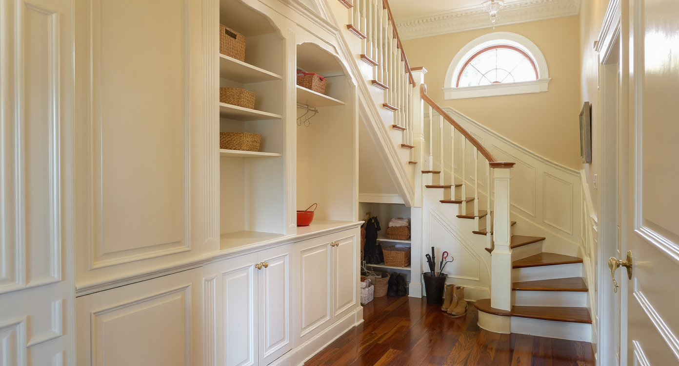 Renovated Victorian hallway featuring built-in cabinetry and nooks for storage, with period detailing, under-stair cabinets, and natural light.