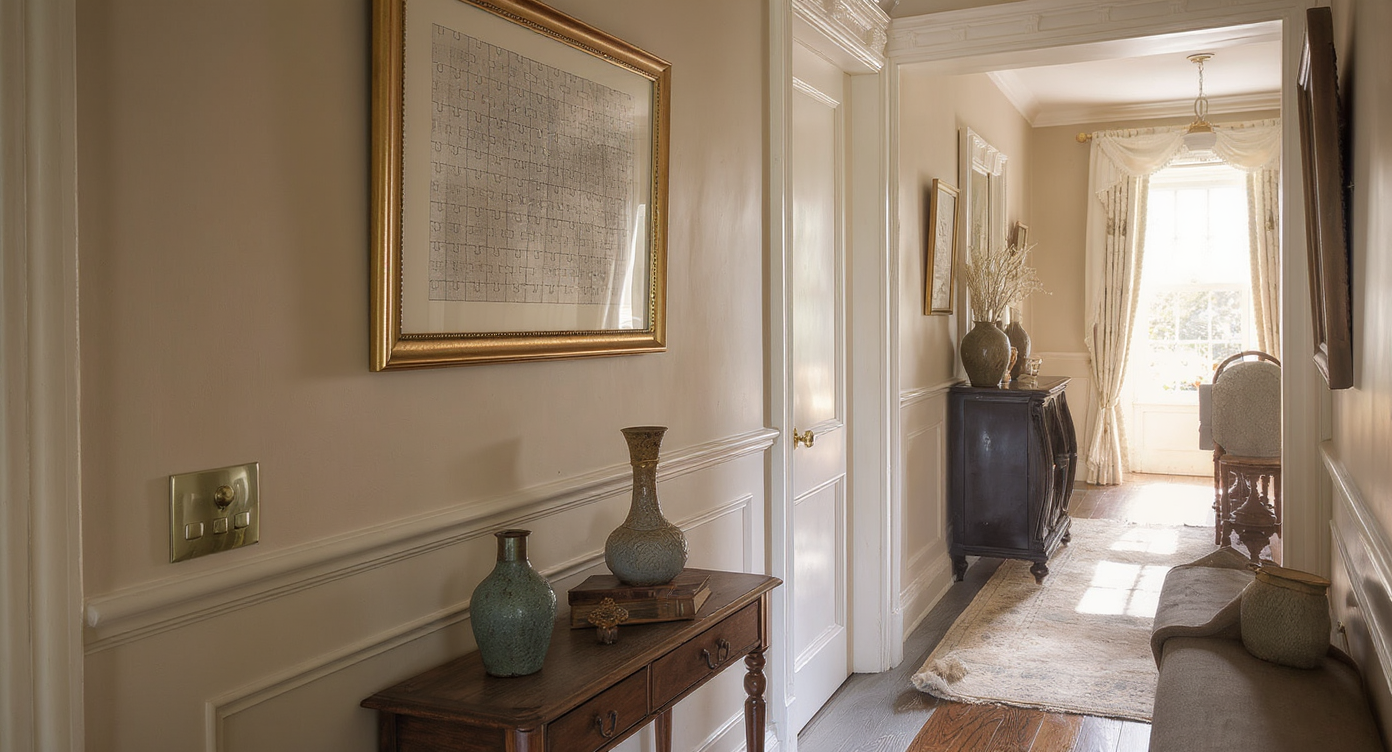 A Victorian hallway showcases a framed jigsaw puzzle art piece and vintage found objects displayed on a console table, blending antique and modern decor.
