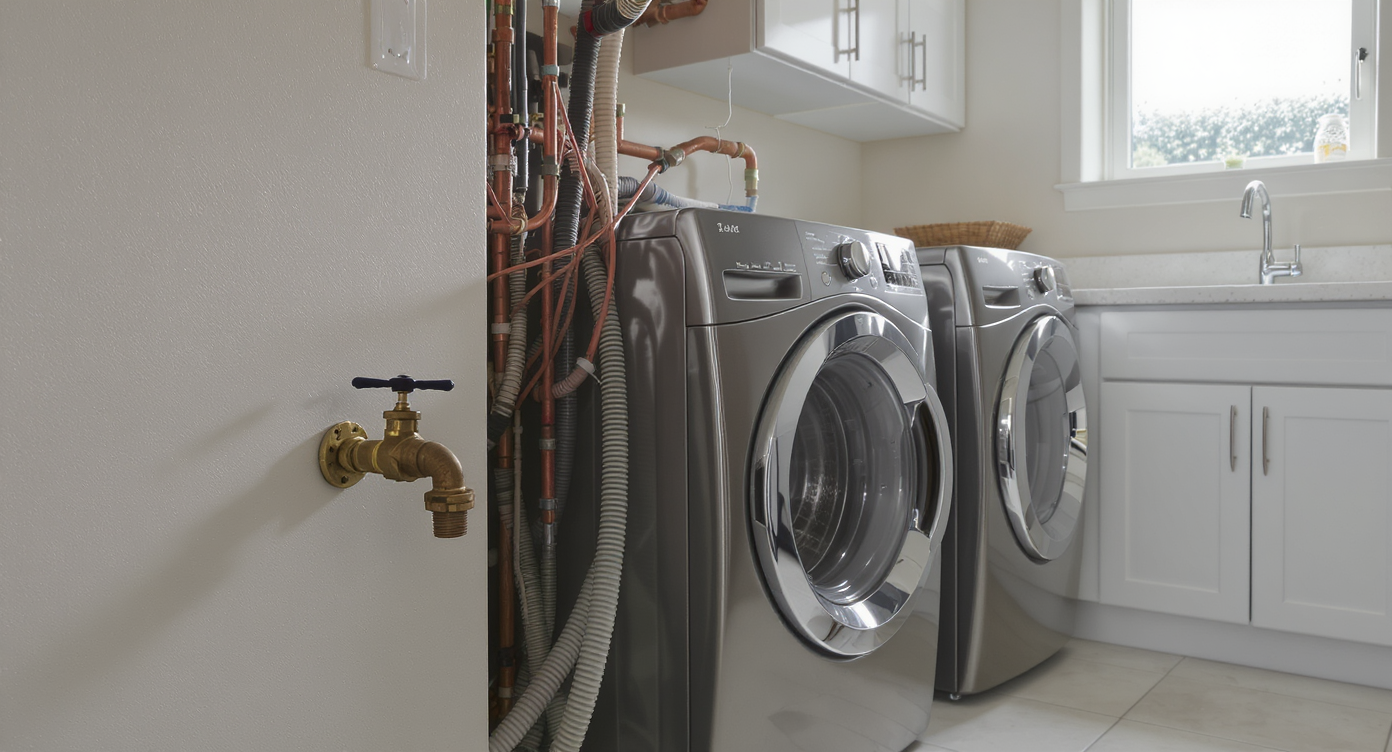 Photorealistic utility room with shutoff valve awkwardly positioned behind a washing machine and pipes, making it hard to access.