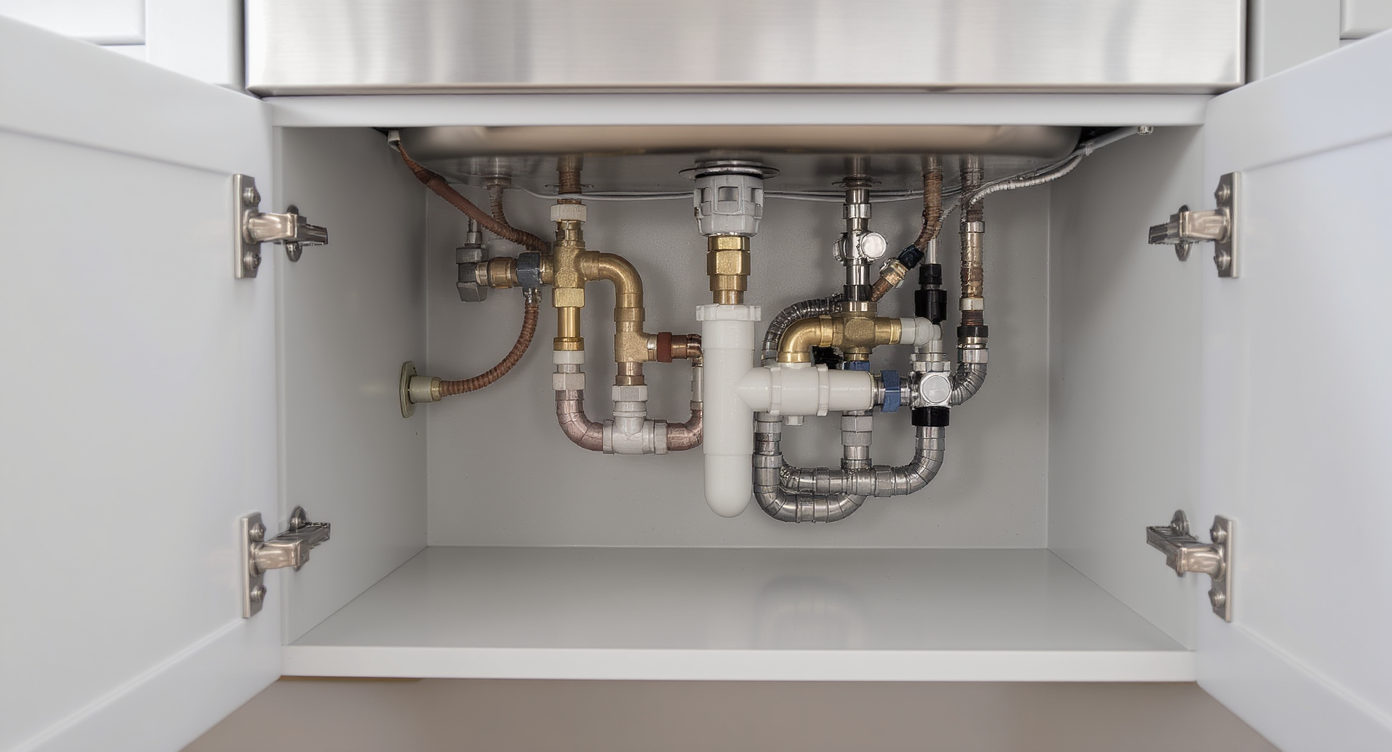Under-sink view shows organized brass and stainless steel shutoff valves, easily accessible for maintenance, with old plastic parts set aside.