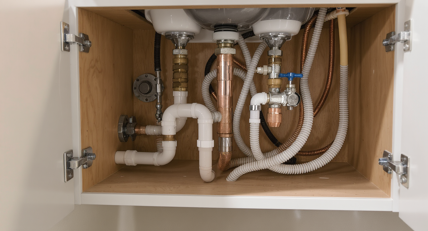 Photorealistic view inside an open bathroom vanity showing inaccessible, poorly placed shutoff valves with outdated supply lines and cramped pipes.