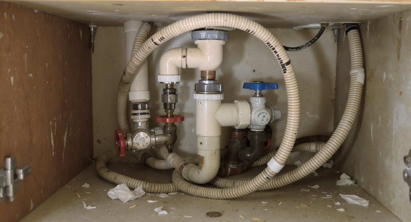 Beneath a bathroom sink, a cramped plumbing setup shows a blocked shutoff valve, jury-rigged hoses, and old plastic connectors.