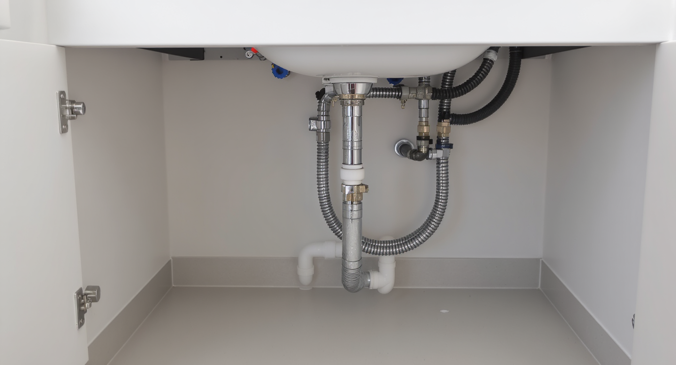 Accessible plumbing setup under a powder room vanity, featuring forward-facing shutoff valves and braided steel supply lines for easy access and future repairs.