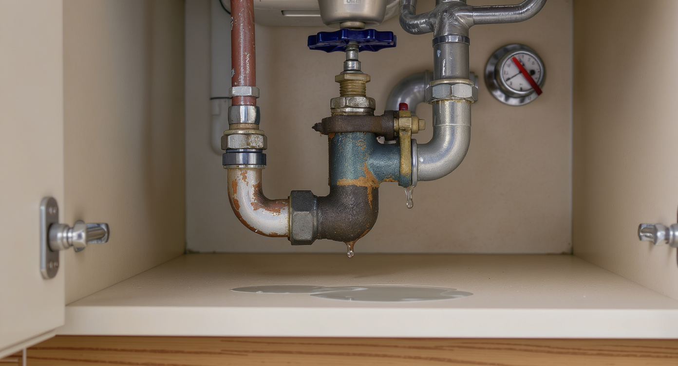 A kitchen cabinet base with doors open, revealing under-sink plumbing and a leaking, aging shutoff valve pooling water on the cabinet floor.