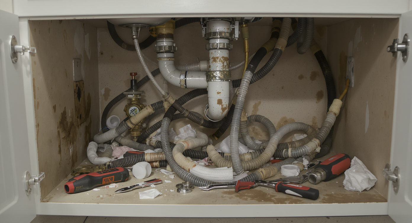 Open bathroom vanity showing messy, outdated plumbing with a blocked shutoff valve, tangled hoses, and tools—capturing renovation challenges.