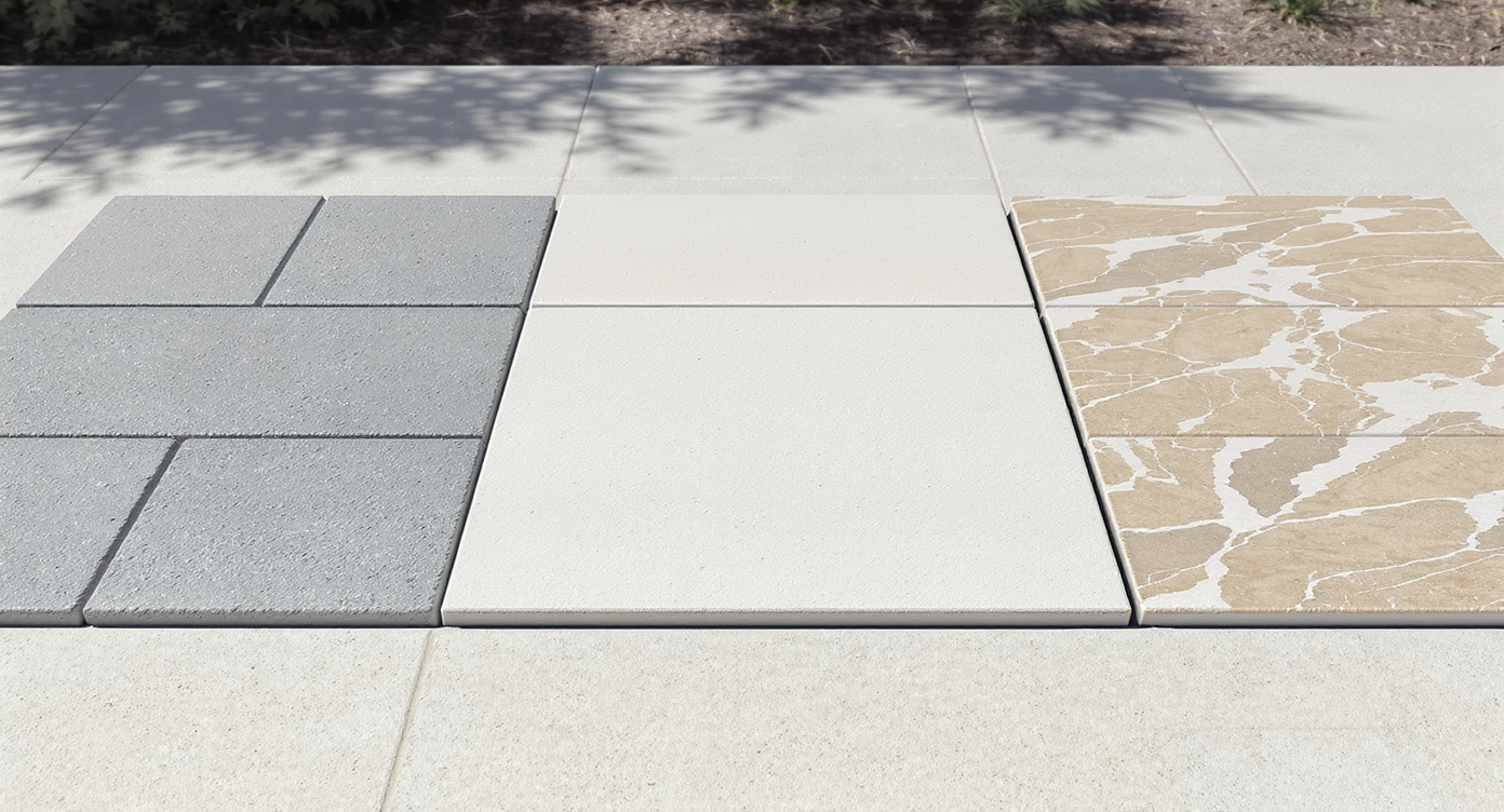 Patio paver material samples—concrete, large-format slab, porcelain, and natural stone—displayed side by side outdoors, showing differences in texture and size.