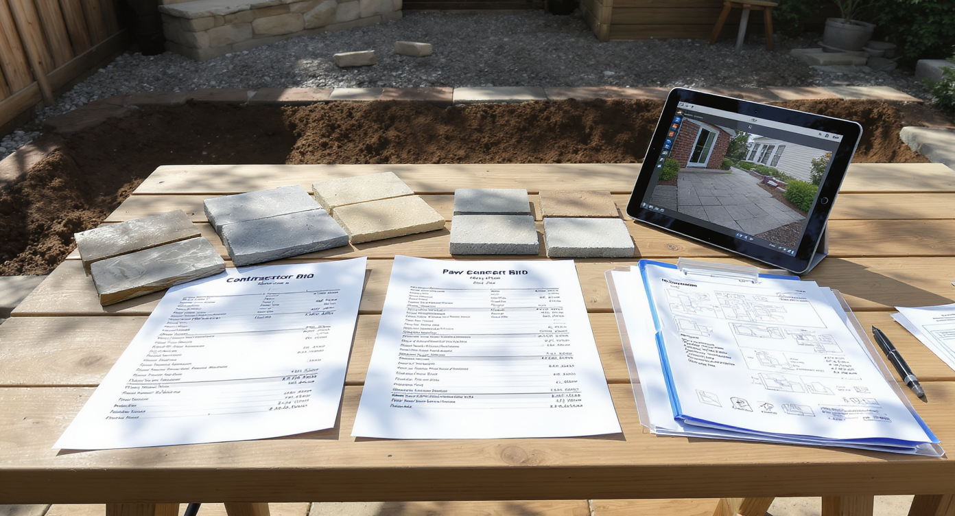 Three printed patio contractor quotes, paver samples, reference photos, and a digital visualizer on a backyard table with a prepped patio site nearby.