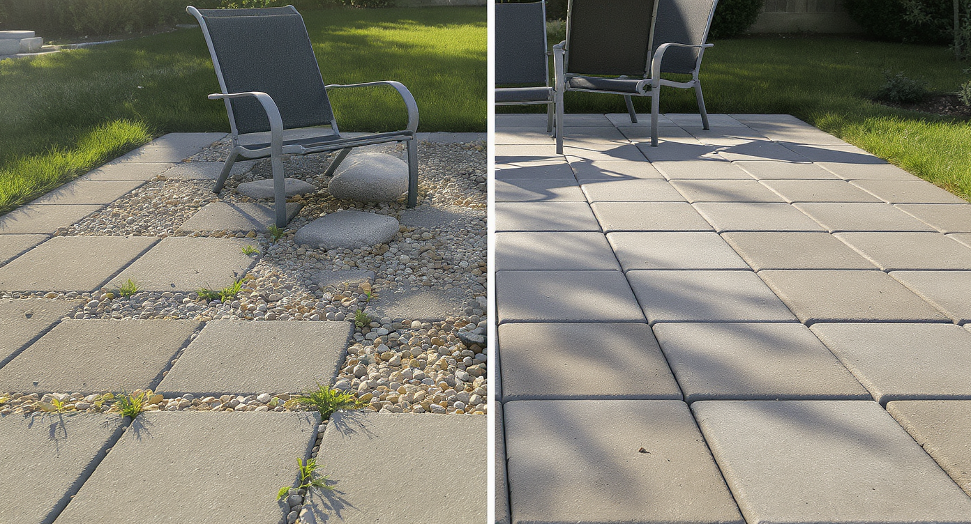 Side-by-side patio comparison: paver steppers with scattered pea gravel and loose seating versus fully paved, stable surface with compact joints.