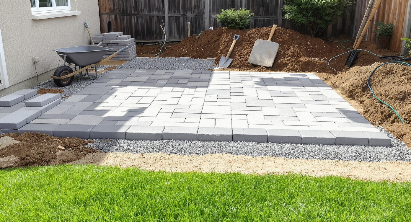 A realistic backyard scene shows a 16x20 foot paver patio under construction, exposing layered gravel, sand, removed grass, tools, and stacked pavers.