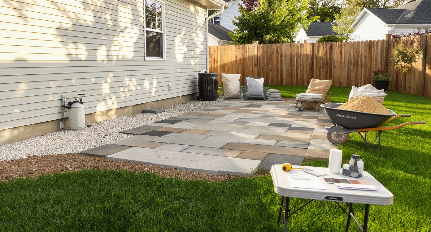 A realistic backyard with a half-finished paver patio, sample materials, tools, and project plans on display, showing real-world installation context.