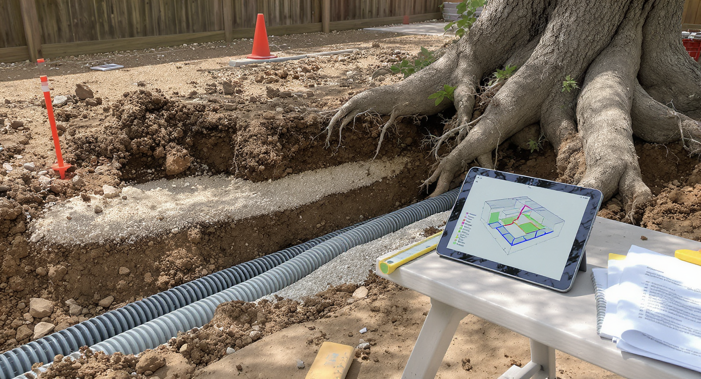 Realistic paver patio groundwork with exposed layers, drainage pipe, visible tree roots, digital site plan, permit papers, and flagged utilities.