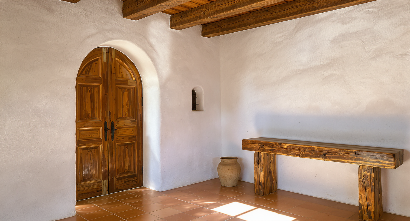 A California hacienda interior showcasing plaster walls, exposed wood beams, terracotta tiles, and an antique carved Guadalajara door in natural light.