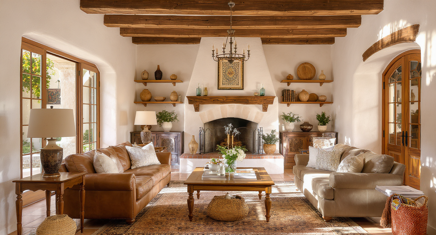 A California hacienda living room with adobe walls, rustic beams, terracotta tiles, and classic furnishings, radiating timeless design appeal.