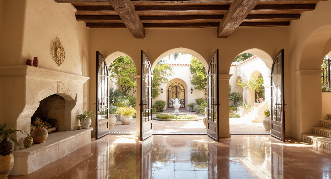 A sunlit California hacienda living room opens to a lush courtyard, featuring timber beams, stonework, terracotta tiles, and authentic Spanish-tile accents.