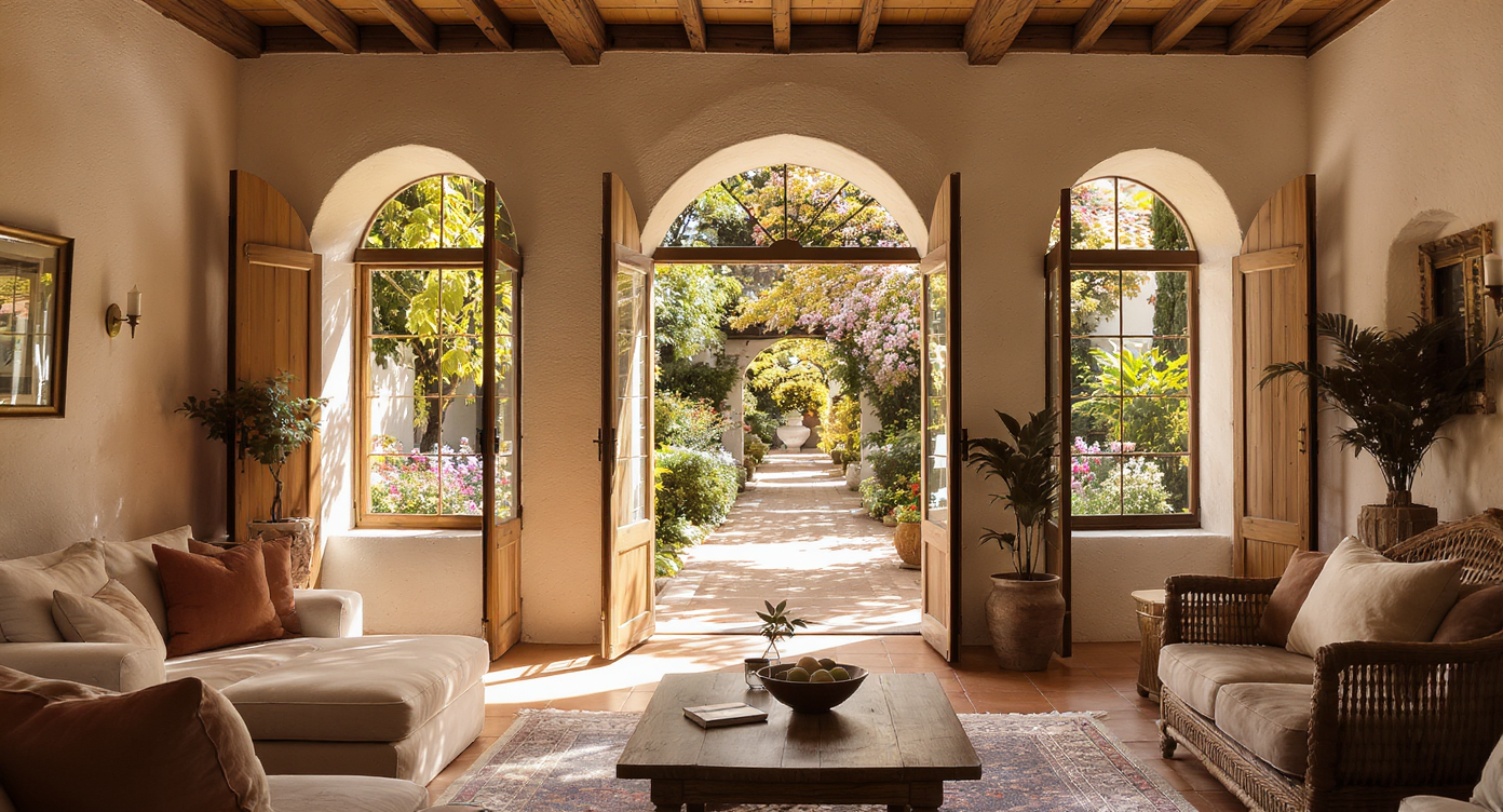 Sunlit hacienda living room with large arched windows and doors opening directly to a lush garden, filled with natural light and greenery.