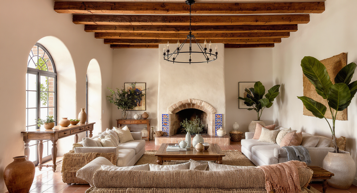 Sunlit California hacienda living room with white plaster walls, terracotta floors, arched doorway, wooden ceiling beams, and modern rustic decor.