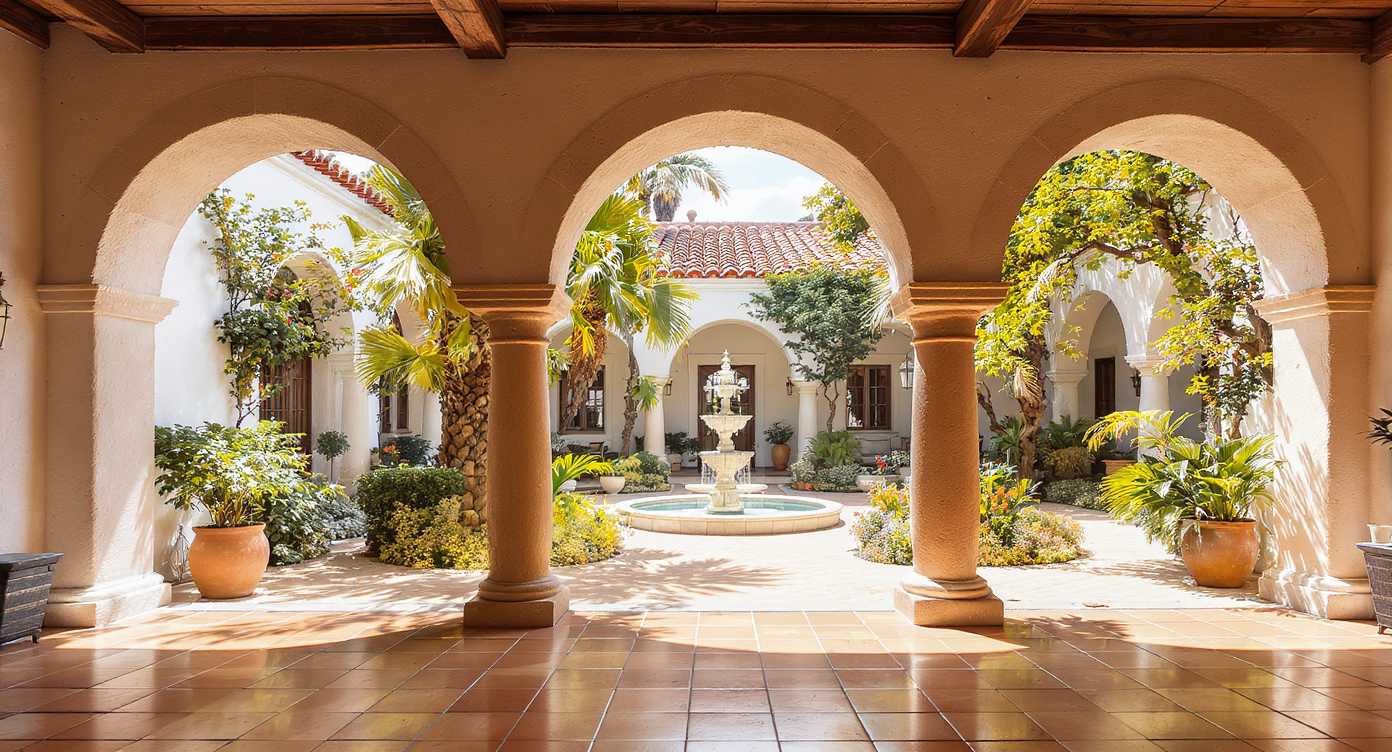 Sunlit California hacienda layout with open-air walkways, terracotta floors, and central courtyard, showcasing flexible indoor-outdoor flow.