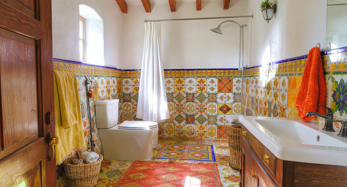 A hacienda bathroom featuring bold, hand-painted colorful tiles on floors and shower walls, contrasted by white stucco and vibrant textiles.