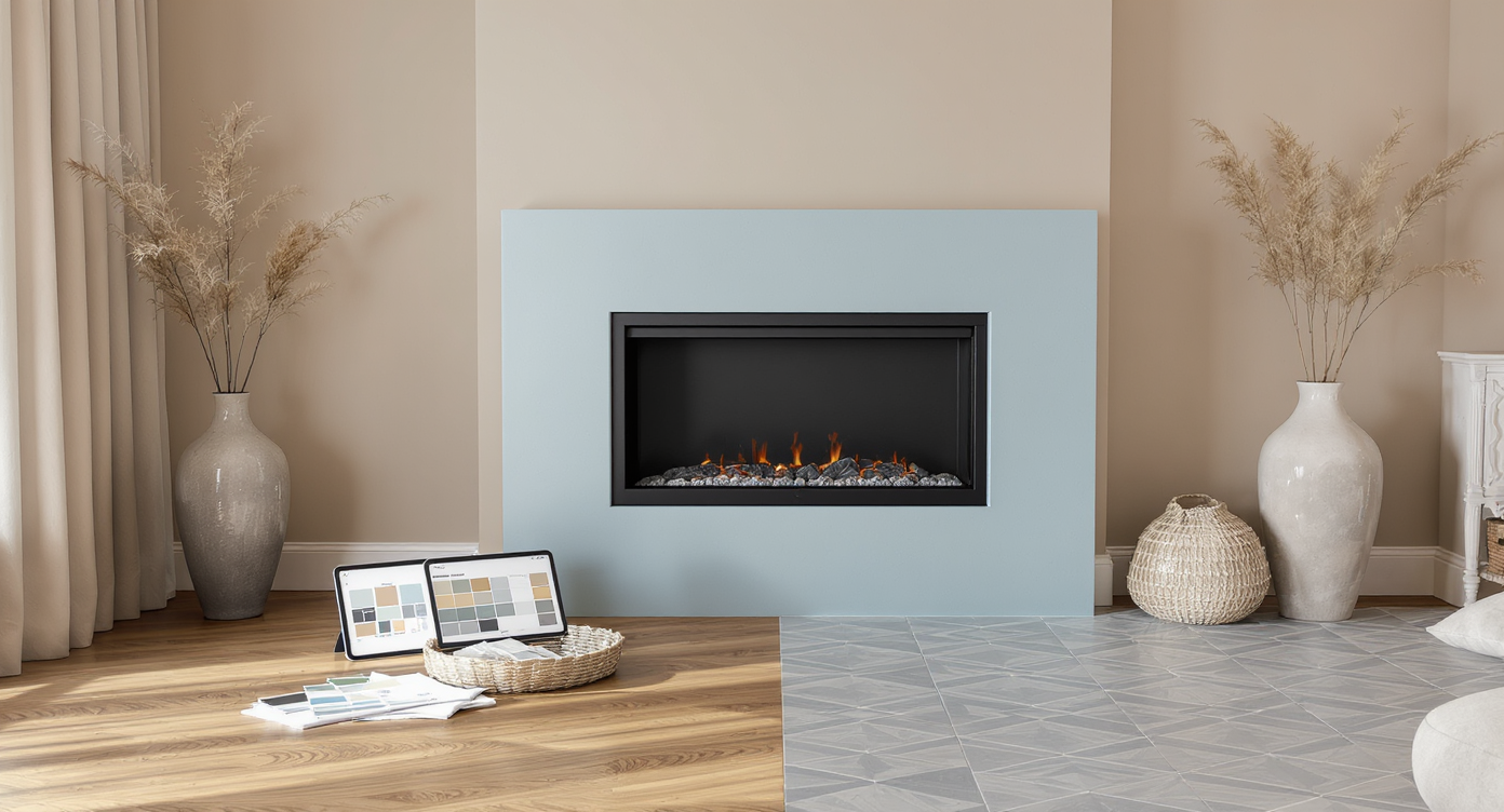 Modern living room merging East Asian and Western elements, showing color transitions between cool-toned fireplace, warm flooring, and test swatches.