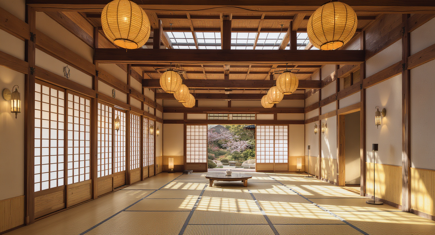 A hybrid living space with glass ceilings, paper lanterns, shoji screens, and layered lighting sources creating adaptable ambiance.