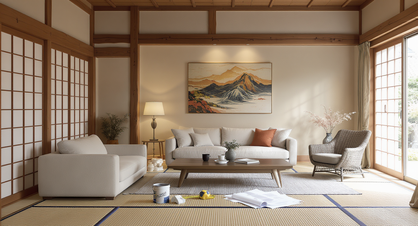 A photorealistic ryokan interior mid-renovation, blending shoji screens, tatami mats, and Western furnishings with tools and blueprints visible.