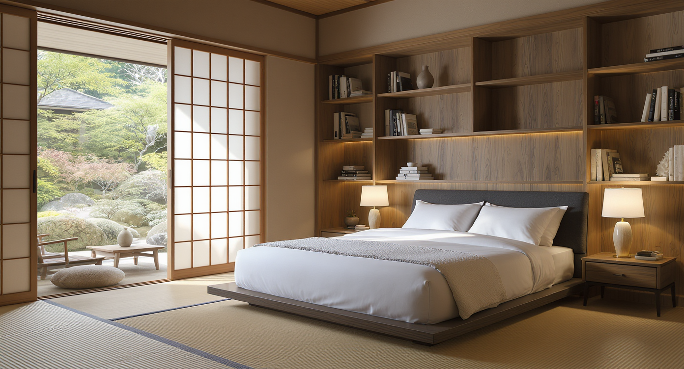 A Ryokan guest suite blending tatami mats, shoji screens, a low platform bed, and modern Western décor, bathed in natural light.