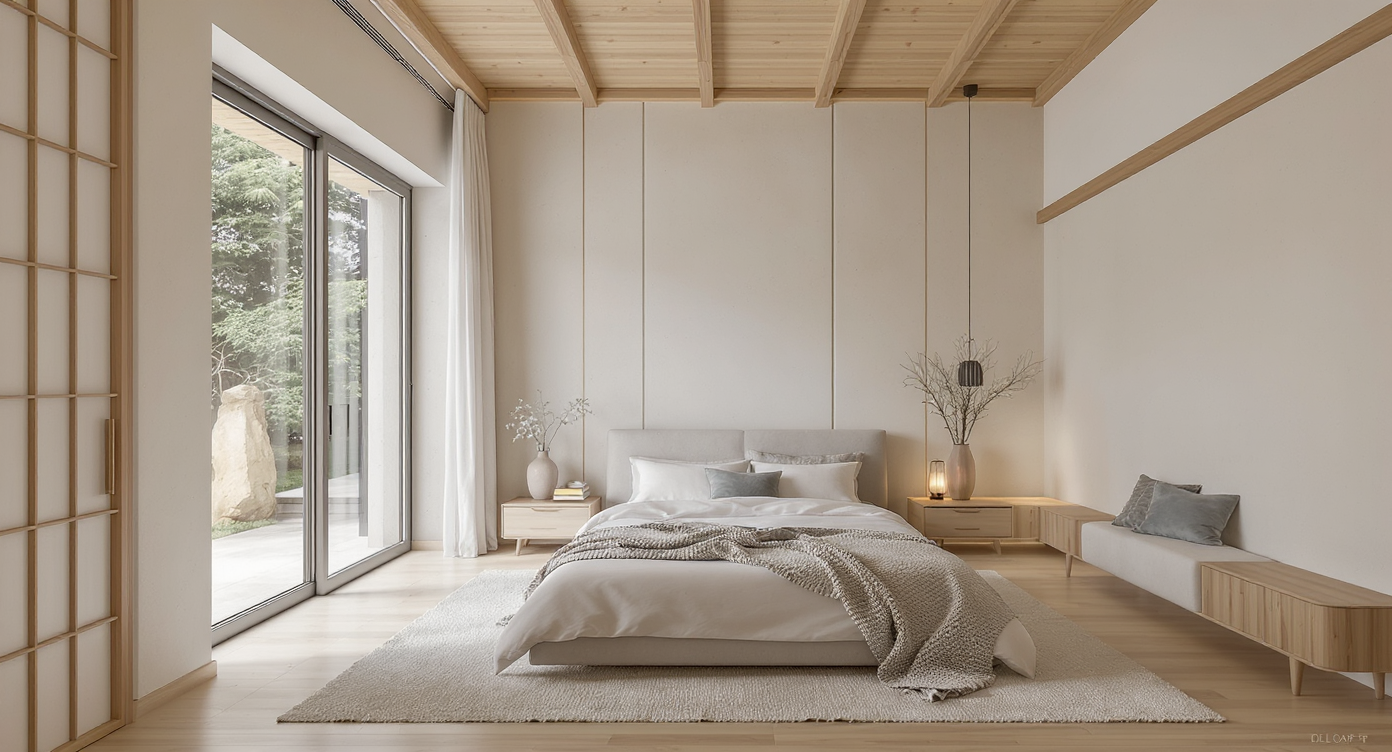 Minimalist Japandi-style bedroom showcasing a tranquil space with clean lines, few decorative objects, and balanced large furnishings for calm.
