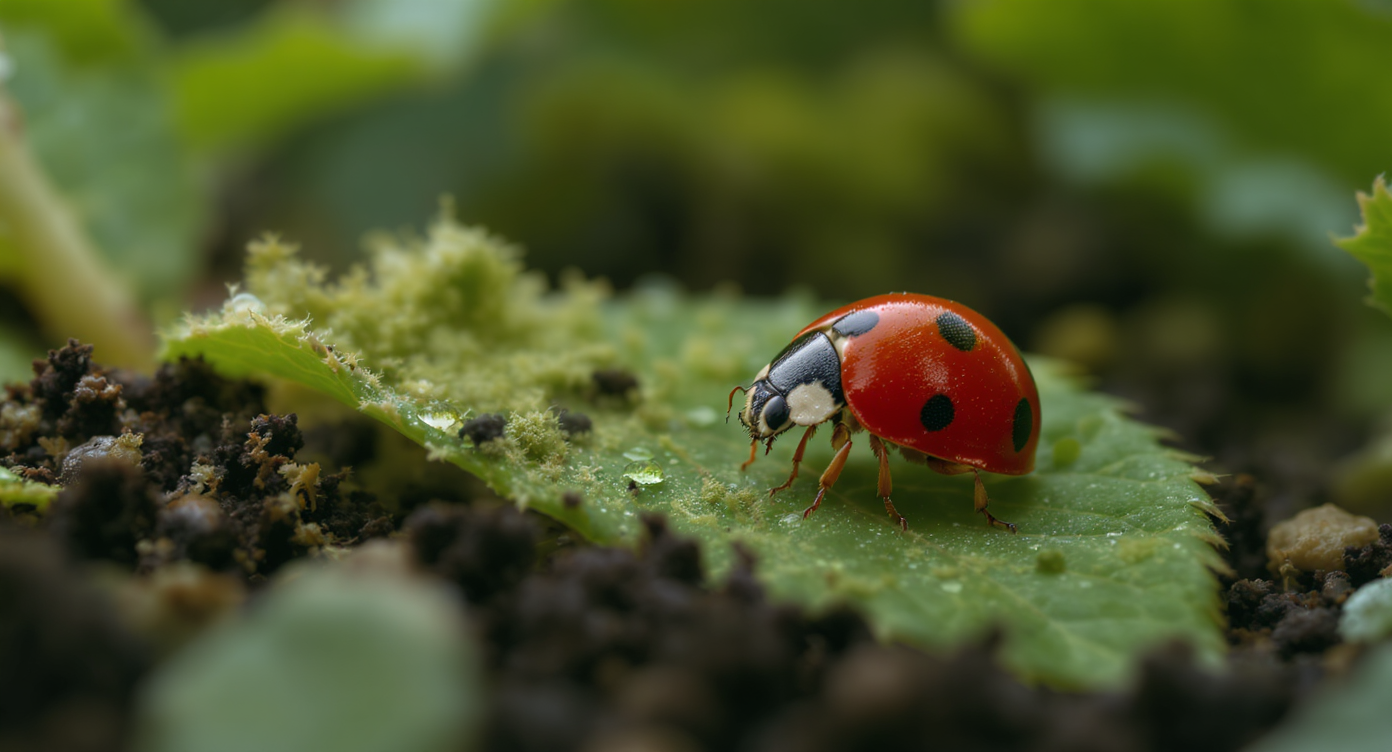 Close-up of a ladybug parasitized by a wasp larva on a green leaf in a backyard garden, surrounded by real soil and sunlit plants.