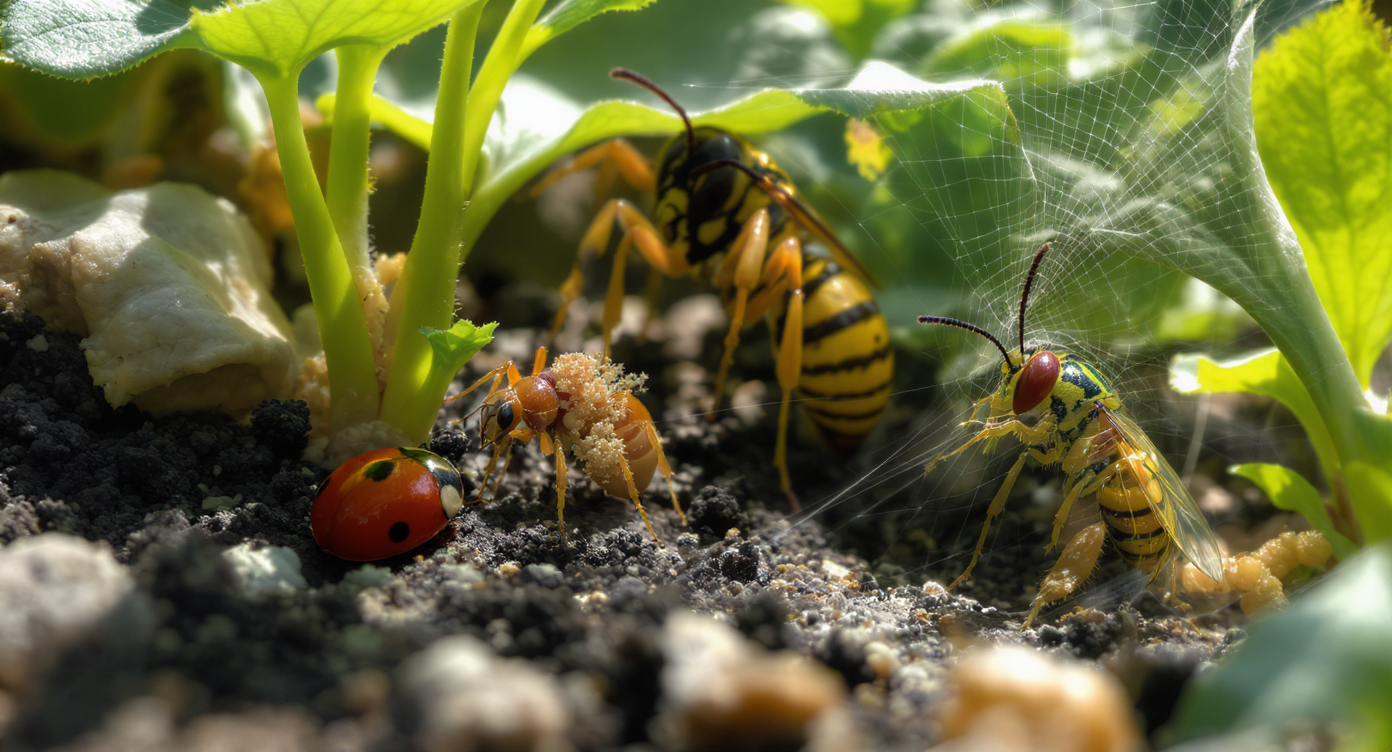 Backyard garden bed with a parasitized ladybug, a cordyceps-infected ant, and a tarantula hawk wasp approaching an orb-weaving spider.